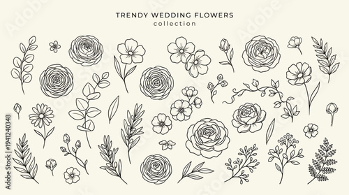 Trendy Wedding Flowers: Hand-drawn botanical line art and vintage floral sketches for invitations, decor, and stylish wedding styling