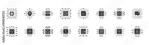 AI Processor Chips Silhouette Icons Set with Starburst. Intelligence Elements, and Symbols 