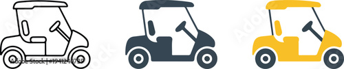 Minimalist golf cart icon set with outline, gray and yellow electric carts in clean flat vector illustration style