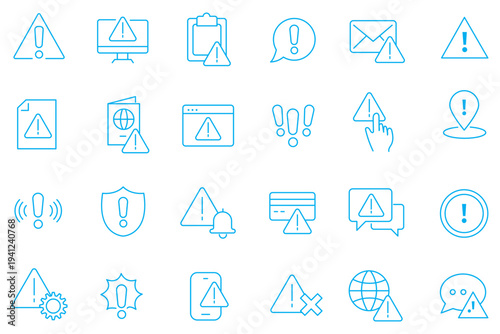 Warning and alert outline icon set with caution triangles, error notifications, emergency alarms, radiation, lightning, cloud, email, document symbols system