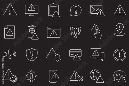 Warning and alert outline icon set with caution triangles, error notifications, emergency alarms, radiation, lightning, cloud, email, document symbols system