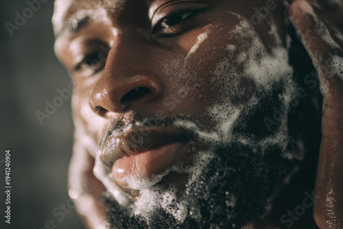 African man rinsing foam cleanser from beard area, modern masculine bathroom interior, soft morning light, realistic water droplets