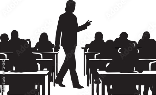 Classroom lecture with teacher and students silhouette vector illustration line art