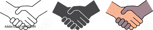 Minimalist handshake icon set with outline, gray and colored styles representing partnership, agreement, business cooperation concept