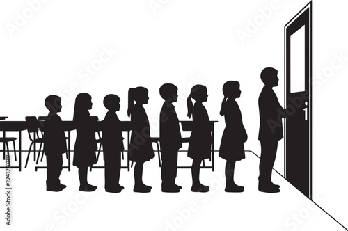 Kids line up to enter classroom, waiting to learn, vector silhouette illustration