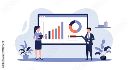 Business Presentation and Data Analysis Concept – Team Presenting Financial Charts and Performance Dashboard Vector Illustration