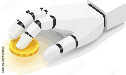 Minimalist White 3D Robot Hand Holding Glowing Gold Coin Isometric Vector