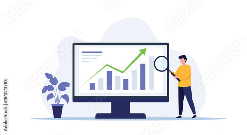 Business Growth Analysis Concept – Data Analytics Dashboard with Increasing Chart and Magnifying Glass Vector Illustration
