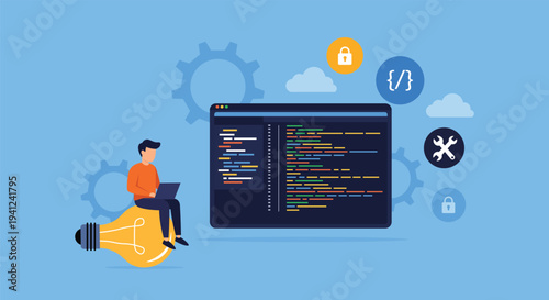Software Development and Programming Concept – Developer Coding with IDE Interface and Technology Icons Vector Illustration