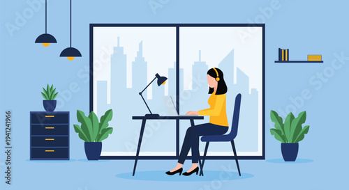 Woman Working from Home with Laptop and Headphones in Modern Home Office – Remote Work Flat Vector Illustration