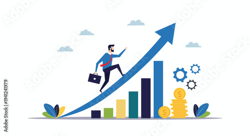Business Growth Concept with Businessman Climbing Up Arrow Graph – Financial Success Flat Vector Illustration