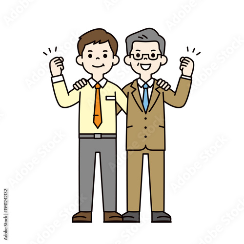 肩を組んでガッツポーズする、新入社員とシニア世代の社長・経営者の全身ベクターイラスト素材