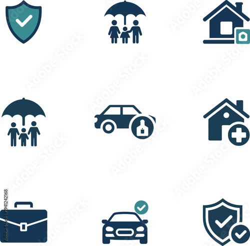 Insurance and asset protection icon set for family health car and home security