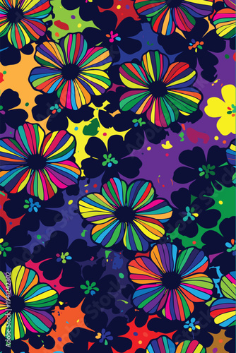Creative abstract vector pattern featuring numerous colorful flowers, forming a lively background with bright shapes and artistic floral elements.