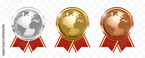 Gold Silver and Bronze World Medal Badge Set with Earth Globe – Champion Award Emblem with Ribbon Vector Illustration