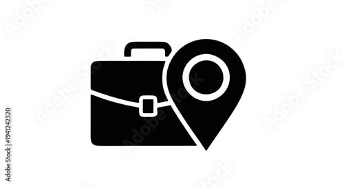 Modern black and white icon depicting a professional briefcase combined with a geographic location marker, symbolizing career opportunities, business destination, or office address