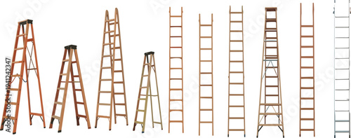Vector Set of Various Ladders Including Wooden Stepladders, Extension Ladders, and Folding Ladders for Construction and Home Maintenance Concept
