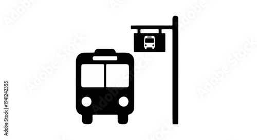 Simple black and white illustration of a bus and a bus stop sign