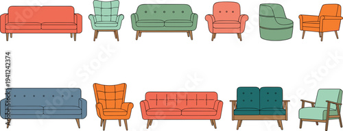 Vector Set of Modern Living Room Furniture Featuring Colorful Sofas, Armchairs, and Couches for Interior Design and Home Decor Concept