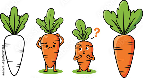 Cute Cartoon Carrot Character Set with Funny Vegetable Mascots for Kids Education, Healthy Food Concepts, and Organic Farm Illustration.