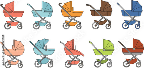 Vector Set of Modern Baby Strollers and Prams in Various Colors for Infant Care, Parenting, and Newborn Transportation Concept