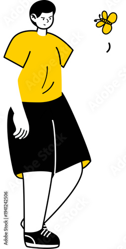 Flat Illustration of a Neurodivergent Man Watching a Butterfly Representing ADHD and Calmness