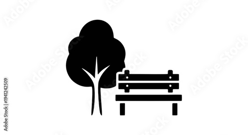 Vector icon of a park bench next to a tree, symbolizing outdoor relaxation, public green spaces, and nature's tranquility for leisure and urban environments