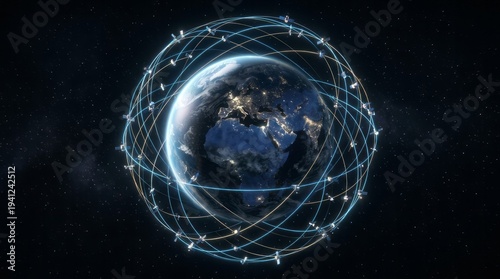 Global Satellite Network Orbiting Earth Earth Satellite Orbit Global Technology Space Network. Concept featuring earth, satellite, orbit, global, technology for professional commercial design.