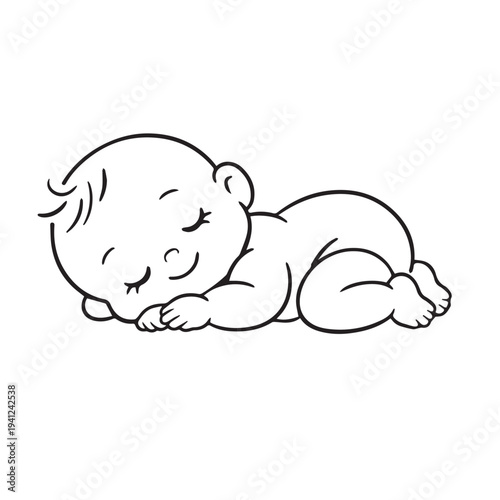 Cute simple vector illustration of a sleeping baby, peacefully resting with a calm expression, designed with soft shapes and a gentle, comforting style.