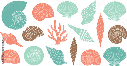 Vector Set of Decorative Sea Shells and Coral Featuring Various Shapes and Coastal Colors for Summer Beach and Nautical Design Concept