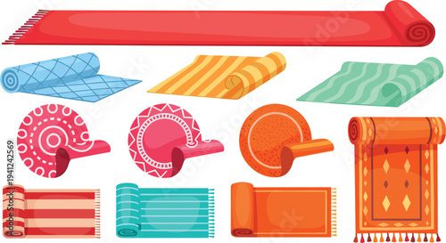 Vector Set of Decorative Rolled Carpets and Mats Featuring Oriental Patterns, Stripes, and Vibrant Colors for Interior Design Concepts