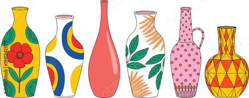 Vector Set of Decorative Ceramic Vases Featuring Various Shapes and Colorful Patterns with Floral, Geometric, and Polka Dot Designs