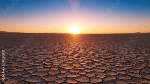 Red shovel standing upright in cracked dry earth under a vibrant sunrise, showcasing the stark contrast between the tool and the barren landscape