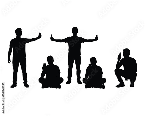 Five black silhouettes of people in various poses