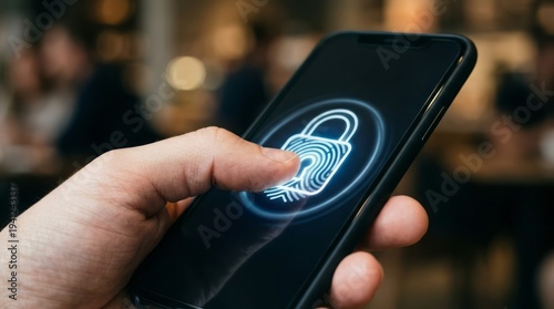 Mobile Phone Fingerprint Security Feature Smartphone Fingerprint Security Mobile Technology Biometric Authentication Digital Security Mobile Device. Concept featuring smartphone, fingerprint, secur...