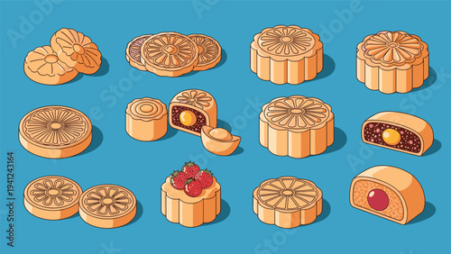 Assortment of traditional mooncakes with different fillings and intricate patterns displayed on a solid blue background for the festival.