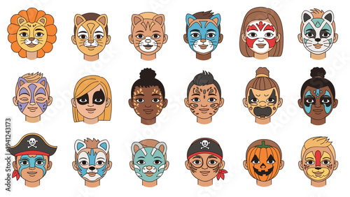 Row of diverse children showing off creative face paintings including animal themes, pirate characters, and spooky Halloween designs.