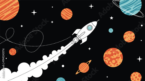 White rocket ship blasts off into deep space surrounded by colorful planets, bright stars, and a distant moon against a black background.