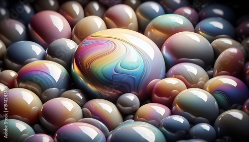 Close-up of a Rainbow Swirl Marble Among Many Pearlescent Spheres.