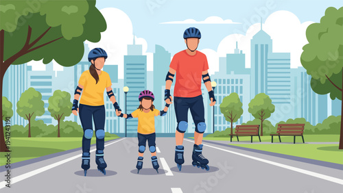 Active family with a young daughter enjoys rollerblading together on a paved path in a city park with skyscrapers in the background.