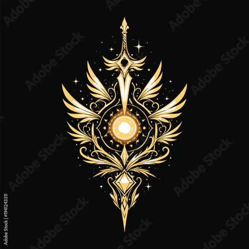 An ornate golden emblem featuring sword, wings, and gemstone elements, depicted in an illustrative style, surrounded by stars