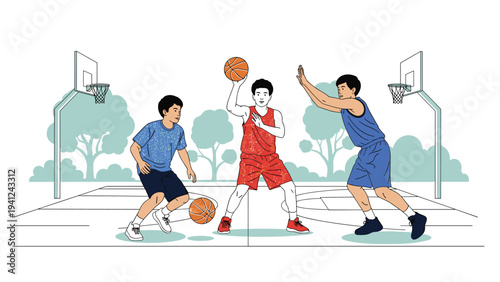 Three teenage boys play a competitive game of basketball on an outdoor court with trees and hoops in a public park during the day.