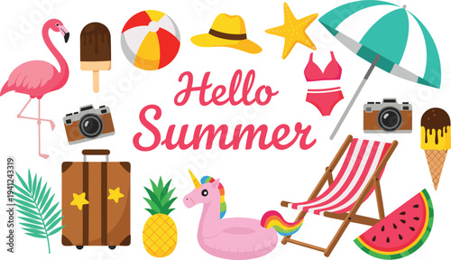 Hello Summer Vector Illustration Set Featuring Beach Elements Like Flamingo, Parasol, Suitcase, and Tropical Fruits for Vacation Concept