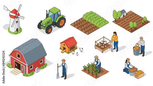 Isometric illustrations of farm life include a tractor, barn, windmill, and people performing various agricultural tasks and chores.