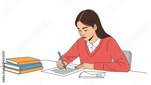 Young woman focused on writing a letter at a desk with stacked books and envelopes in a minimalist home office.