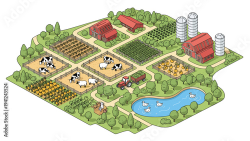 Detailed isometric farm layout showcases barns, animal pens with cows and sheep, crop fields, a tractor, and a small pond with ducks.