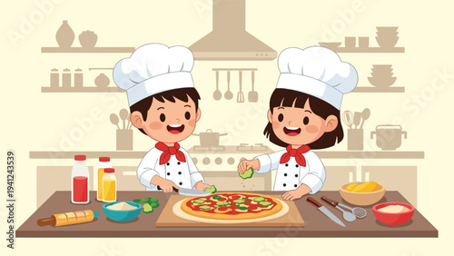 Two young children dressed in professional chef uniforms happily preparing a homemade pizza in a kitchen.