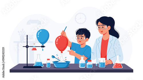 Teacher and young boy wearing safety goggles while performing a science experiment with colorful balloons.