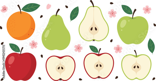 Fresh Fruit Vector Set Featuring Whole and Sliced Apples, Pears, and Oranges with Blossoms and Seeds for Healthy Food and Organic Concept