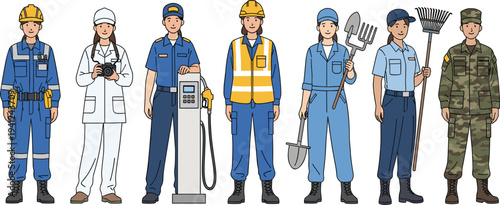 Diverse Professional Workers Vector Set Featuring Female Characters in Different Occupations like Engineering, Farming, Military, and Service Industry